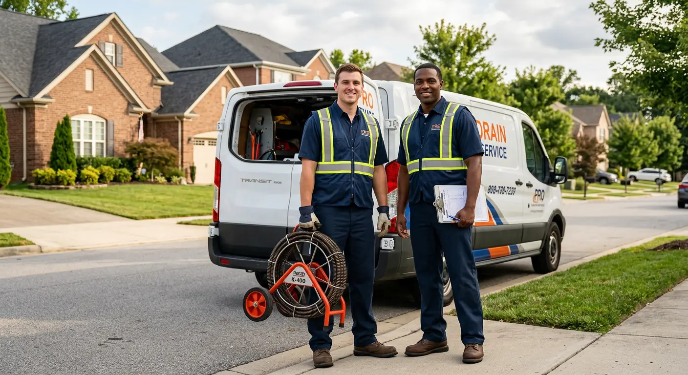Sewer and drain service team with equipment ready for work in San Jacinto