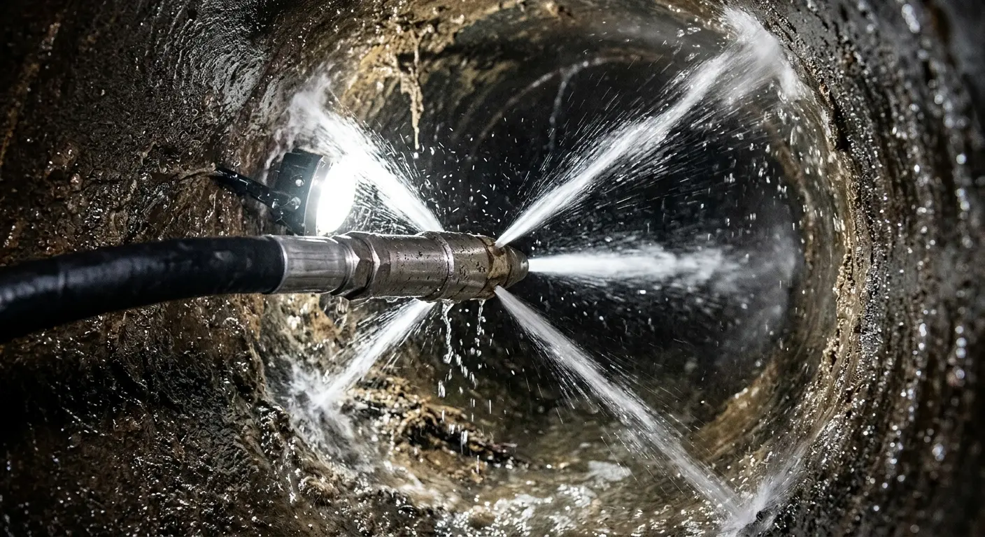 High-pressure hydro jetting nozzle cleaning sewer pipe for Storm Drain Cleaning in San Jacinto