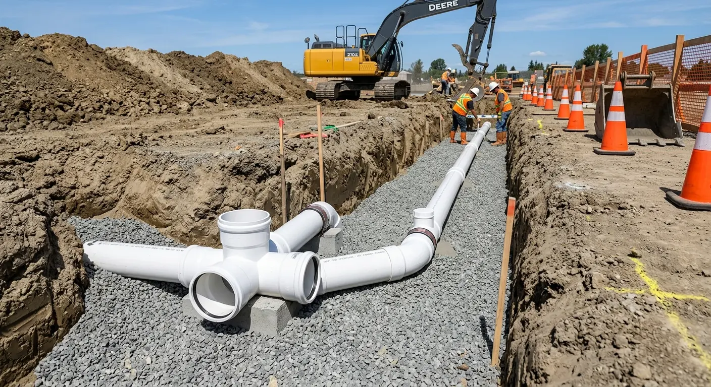 New PVC sewer pipe installation in open trench for Grease Trap Cleaning in San Jacinto