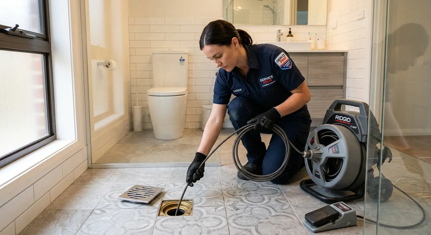 Technician clearing a bathroom floor drain for Hydro Jetting in San Jacinto